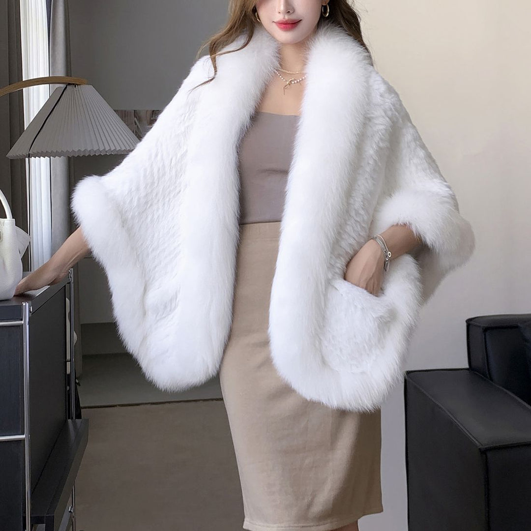 Women's Real Mink Fur Knitted Shawl Wrap with Pockets Fluffy Fox Fur Trimmed Cape