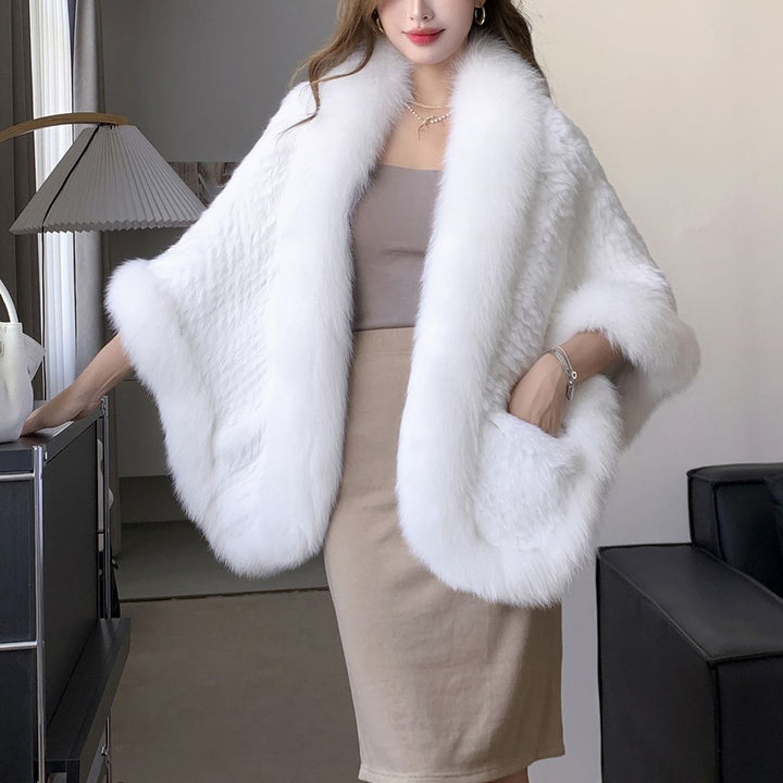 Women's Real Mink Fur Knitted Shawl Wrap with Pockets Fluffy Fox Fur Trimmed Cape