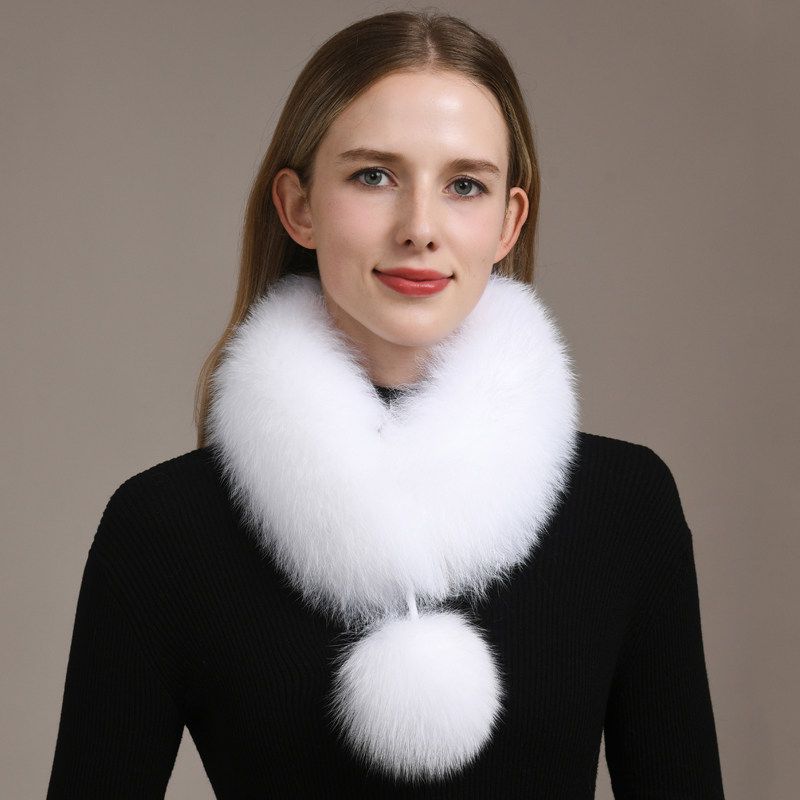 Women’s Real Fox Fur Scarf with Pom-Pom Genuine Fur Collar Neck Warmer