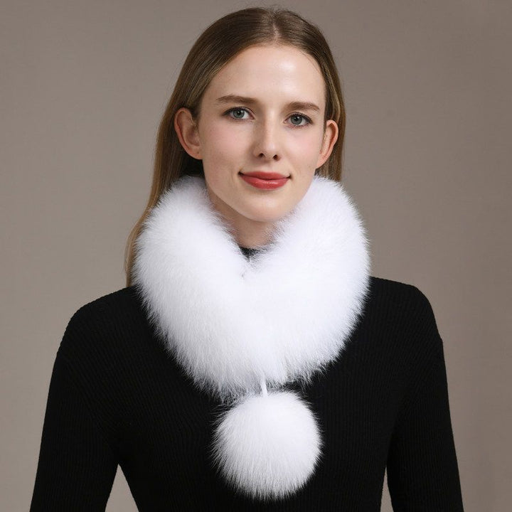 Women’s Real Fox Fur Scarf with Pom-Pom Genuine Fur Collar Neck Warmer