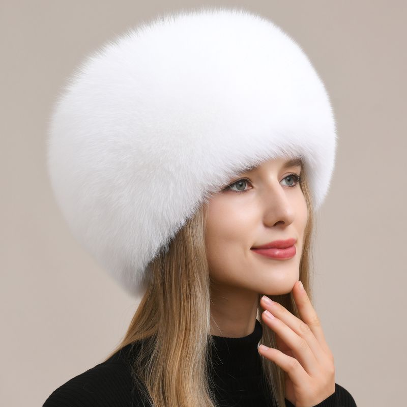 Womens Luxury Fox Fur Russian Hat Thickened Full-Pelt Winter Round Fur Hat