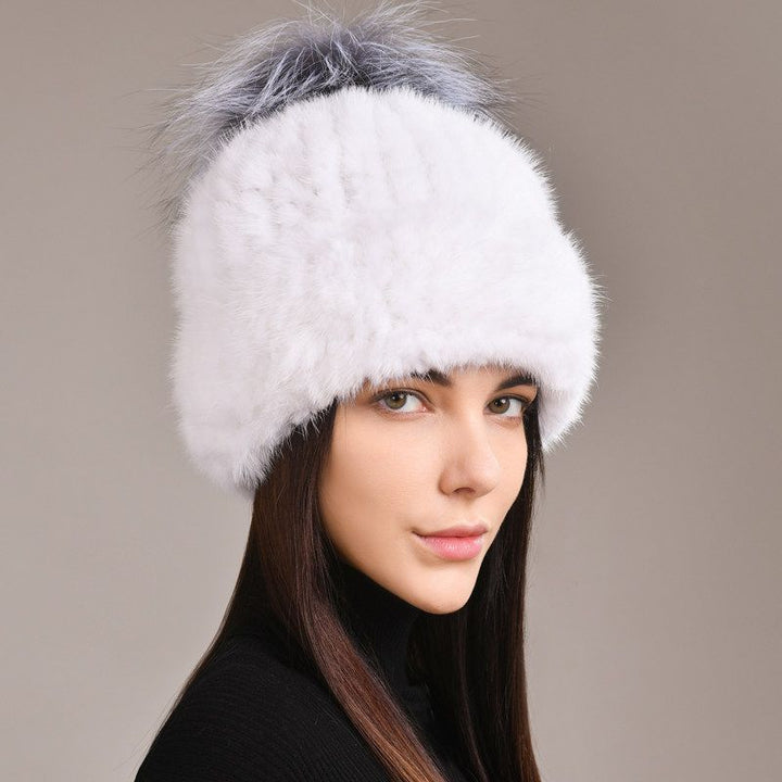 Luxury Real Mink Fur Beanie Hat with Fox Fur Pom-Pom Elegant Winter Knitted Hat for Women