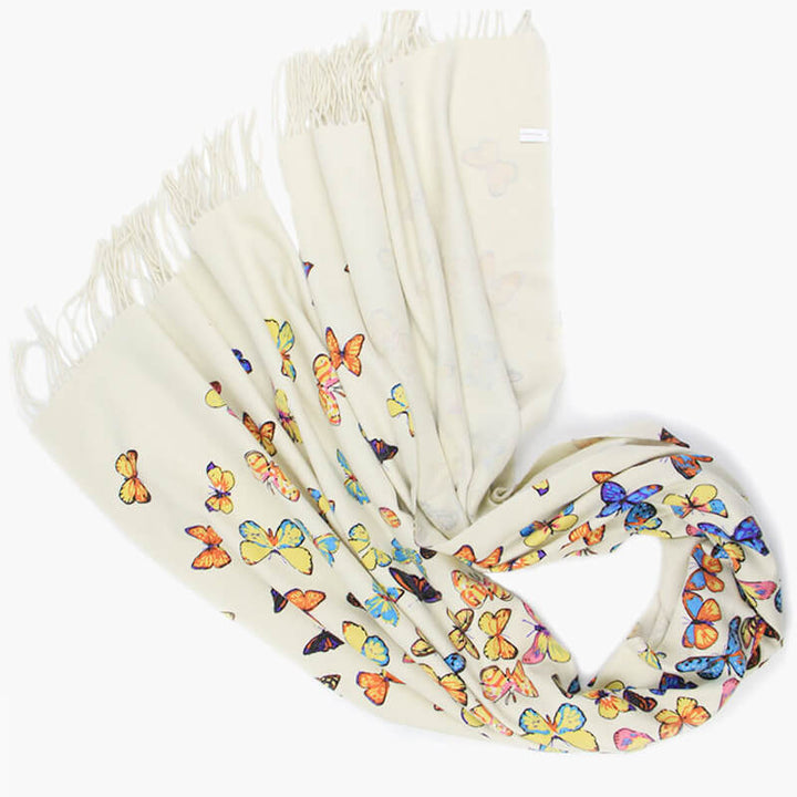 Women's 100% Cashmere Shawl Scarf with Colorful Butterfly Print and Fringes