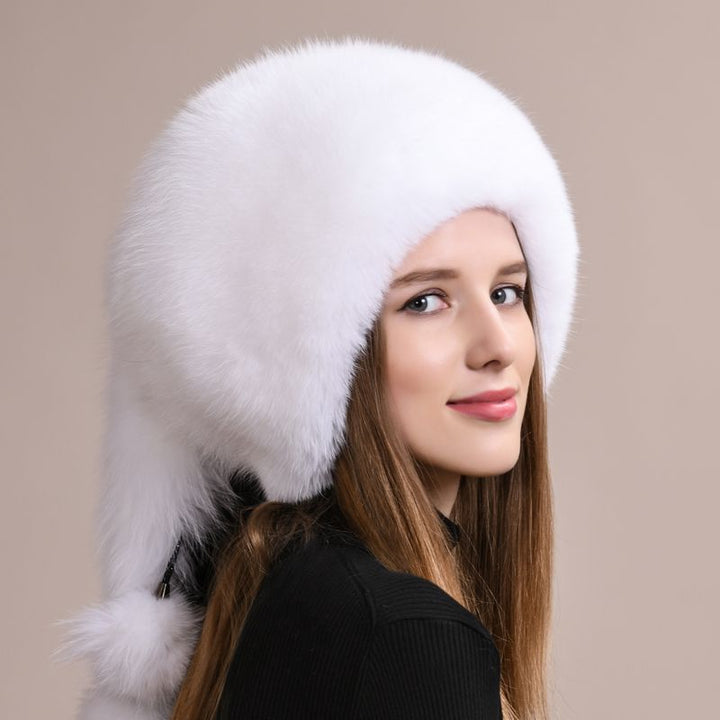 Luxury Genuine Fox Fur Hat for Women Full-Pelt Furry Fluffy Fuzzy Tail Outdoor Cold Weather Hat with Pom-Poms