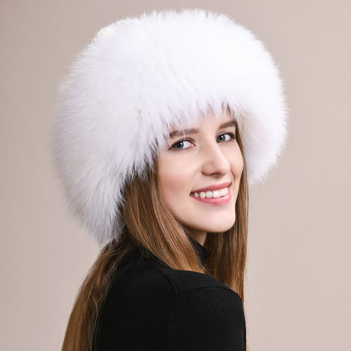 Real Fox Fur Beanie Hat for Women Knit Winter Hat with Full Fur Trim
