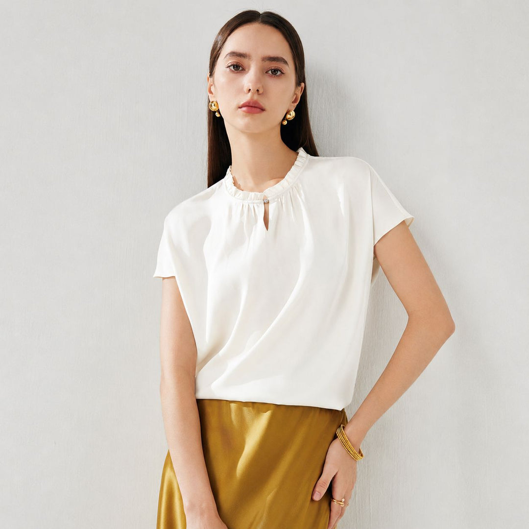 22 Momme Ruffled Stand Collar Women's Short Sleeve Mulberry Silk Shirt