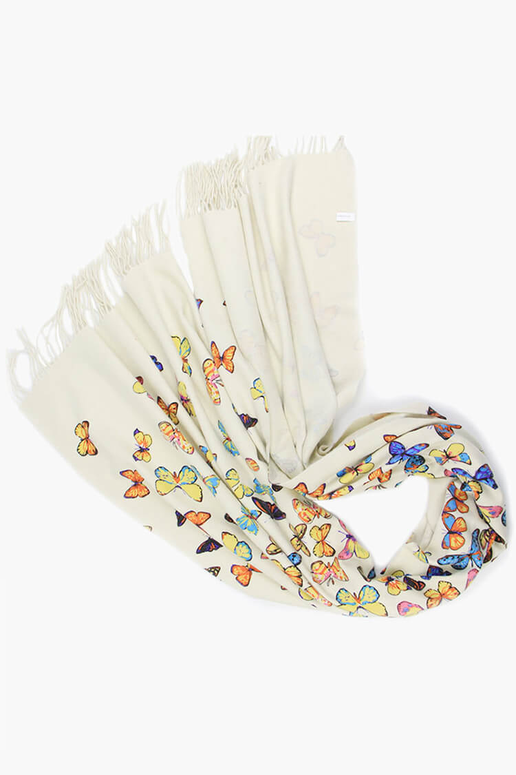 Butterfly Print 100% Cashmere Wrap Scarf with Fringe