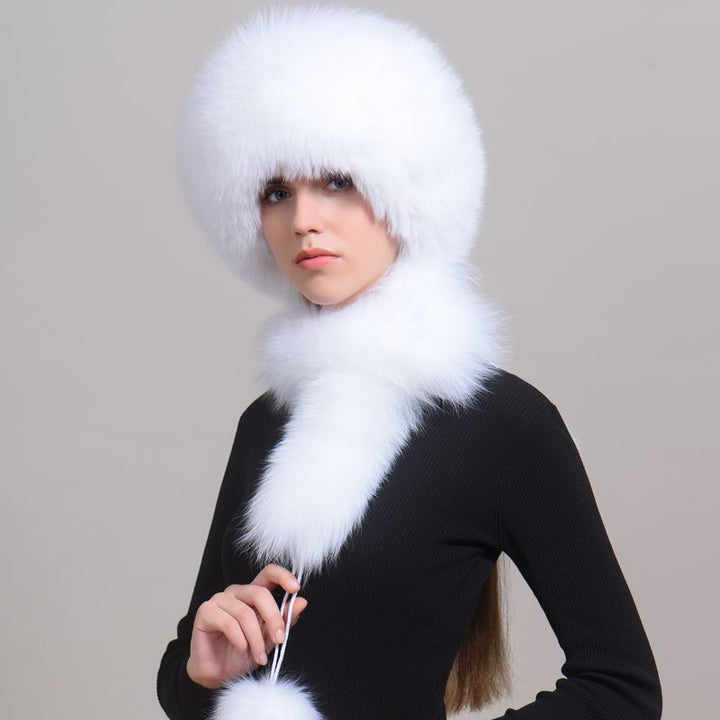 Luxury Winter Fox Fur Trapper Hat Women Pom Pom Fur Ushanka with Tail Scarf
