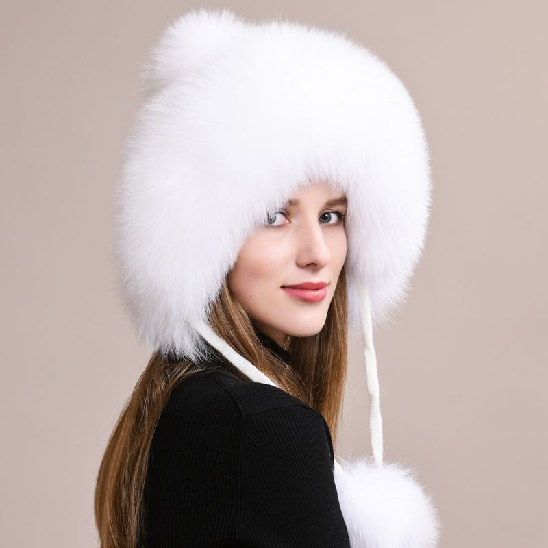 Luxury Real Fox Fur Pom Pom Hat Women Winter Knitted Trapper Hat with Full Fur Trim