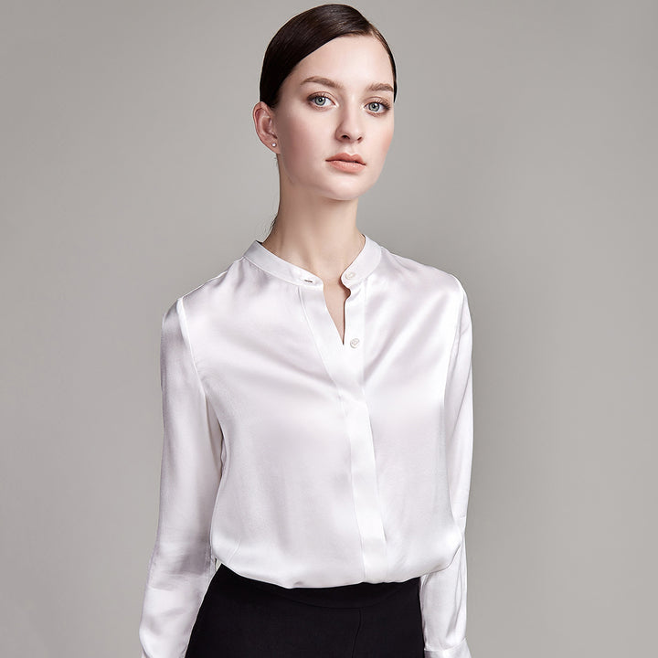 22 Momme Mandarin Collar Long Sleeve Silk Blouse with Hidden Placket