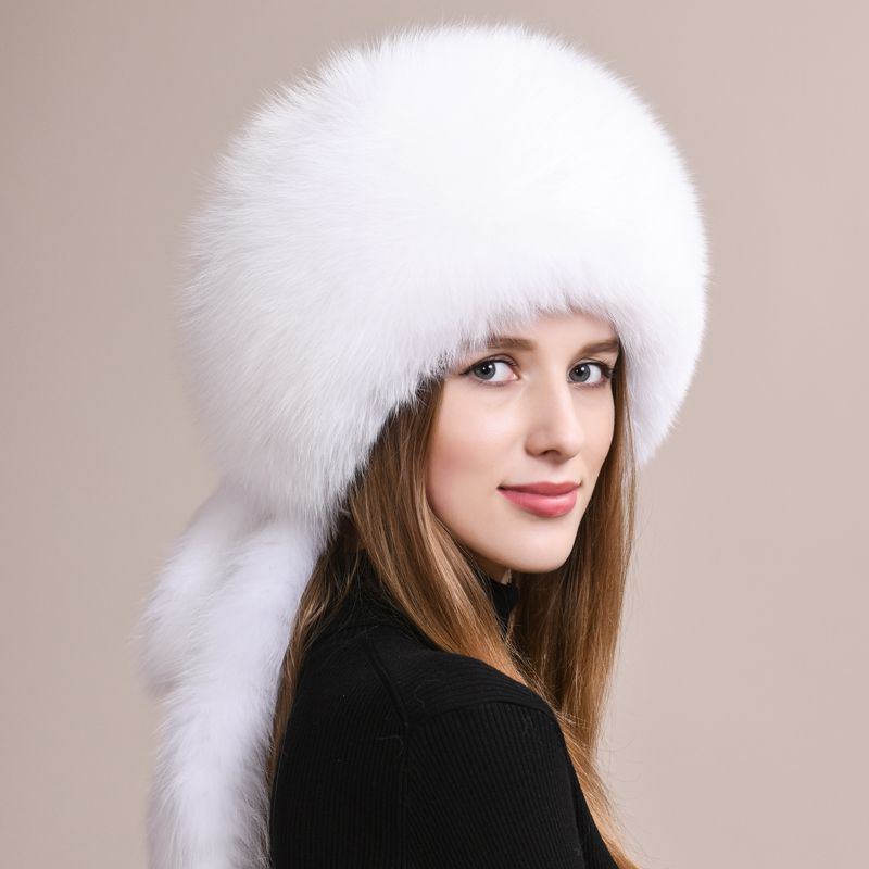 Soft Real Fox Fur Hat with Elegant Tails Women's Winter Fashion Cozy Full-Pelt Fur Beanie for Cold Weather