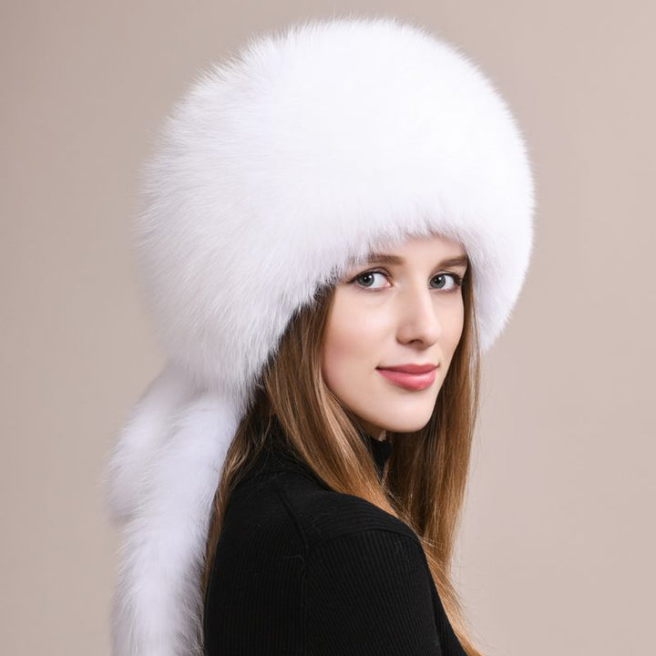 Soft Real Fox Fur Hat with Elegant Tails Women's Winter Fashion Cozy Full-Pelt Fur Beanie for Cold Weather