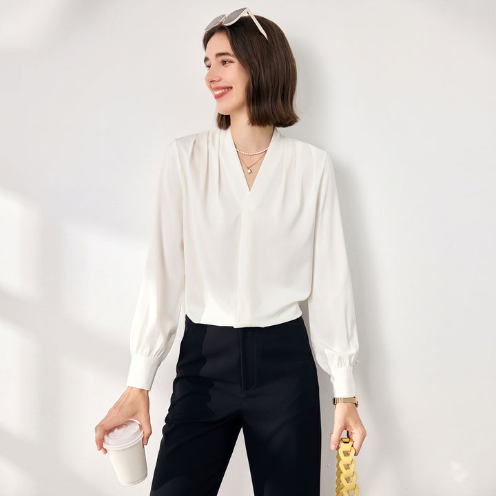22 Momme Women's V-Neck Draped Front Long Sleeve Silk Blouse