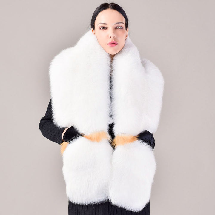 Women's Oversized Real Fox Fur Shawl Wrap Large Fur Collar Scarf with Pocket for Parties and Wedding