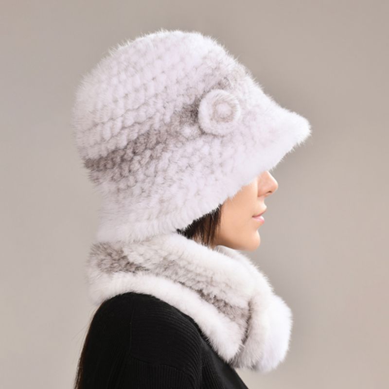 Luxury Mink Fur Hat and Scarf Set for Women Elegant Winter Bucket Hat with Matching Fur Neck Pom-Pom Warmer