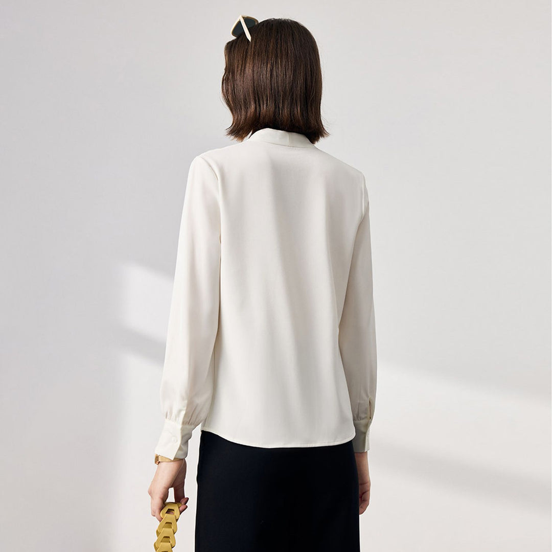 22 Momme Women's V-Neck Draped Front Long Sleeve Silk Blouse