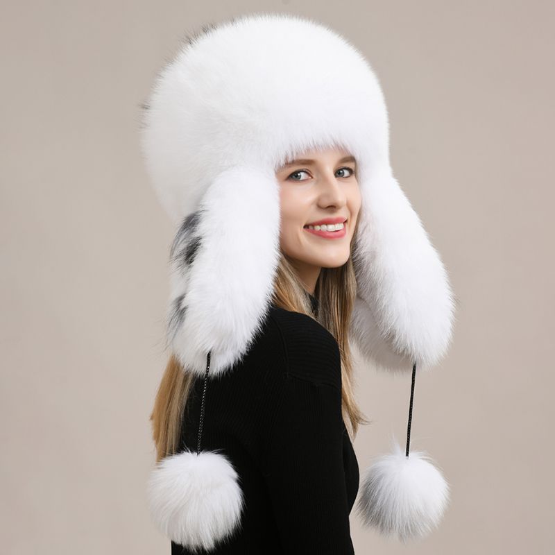 Luxury Oversized Two-Tone Real Fox Fur Pom Pom Hat Women Winter Warm Ushanka