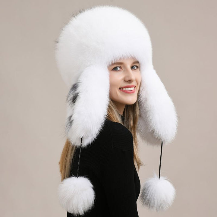 Luxury Oversized Two-Tone Real Fox Fur Pom Pom Hat Women Winter Warm Ushanka