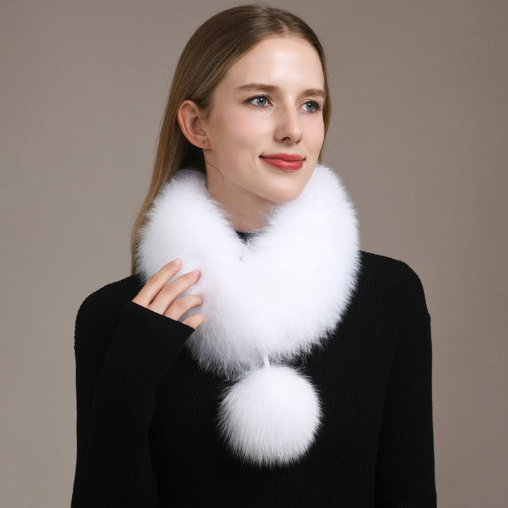 Women’s Real Fox Fur Scarf with Pom-Pom Genuine Fur Collar Neck Warmer