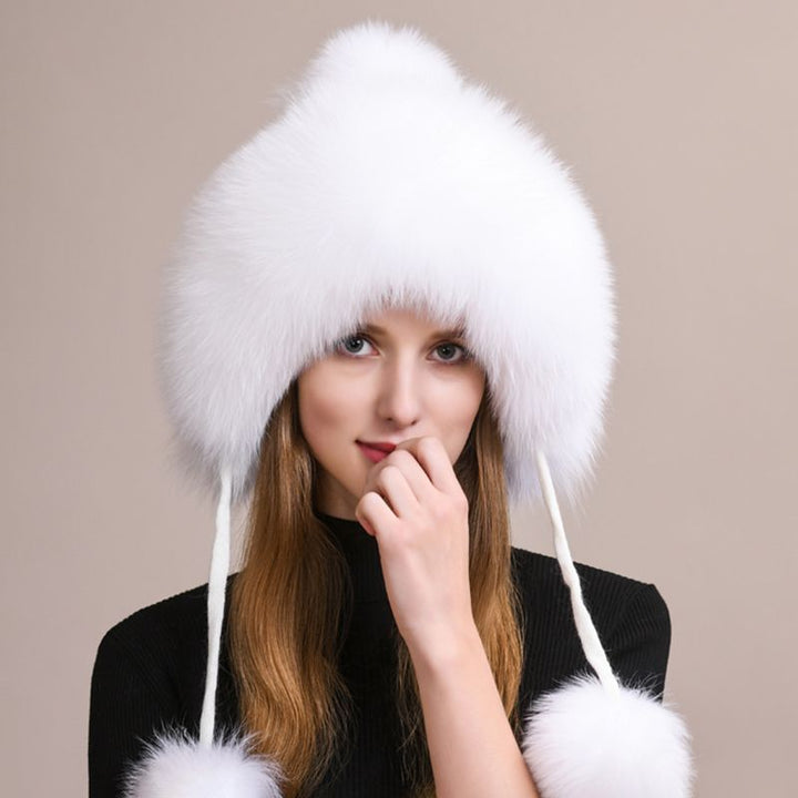 Luxury Real Fox Fur Pom Pom Hat Women Winter Knitted Trapper Hat with Full Fur Trim