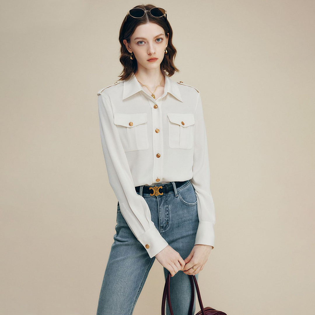 30 Momme Women’s Silk Crepe Utility Shirt with Flap Pockets