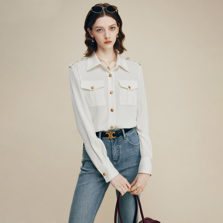 30 Momme Women’s Silk Crepe Utility Shirt with Flap Pockets