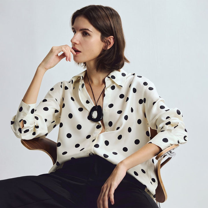 Women’s Polka Dots Printed Long Sleeve Button-Down Mulberry Silk Blouse Shirt