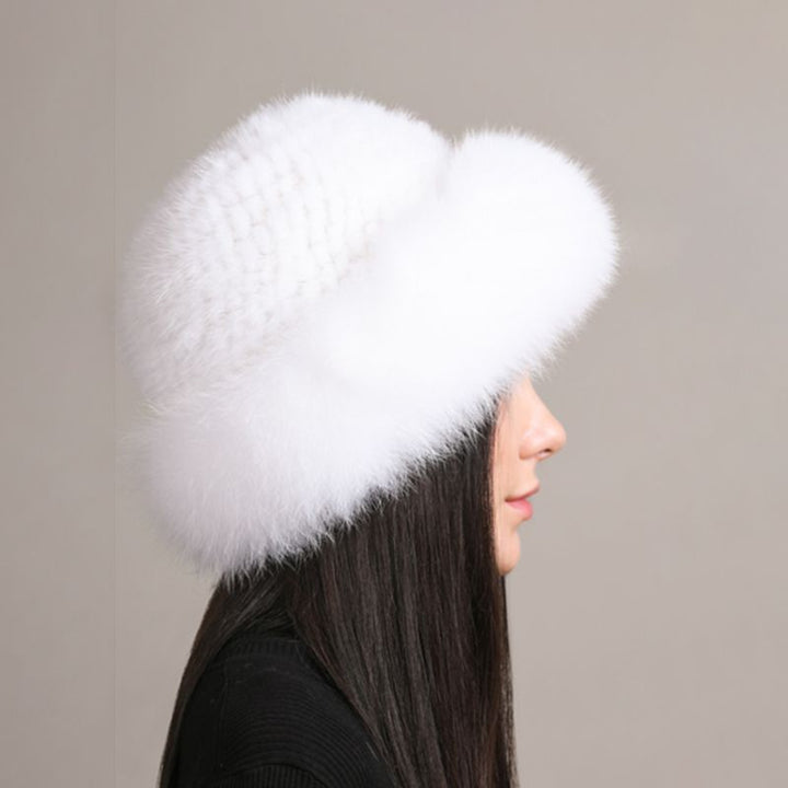 Luxury Mink Fur Hat for Women Full Fox Fur Brim Winter Bucket Hat