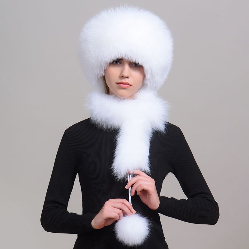 Luxury Winter Fox Fur Trapper Hat Women Pom Pom Fur Ushanka with Tail Scarf