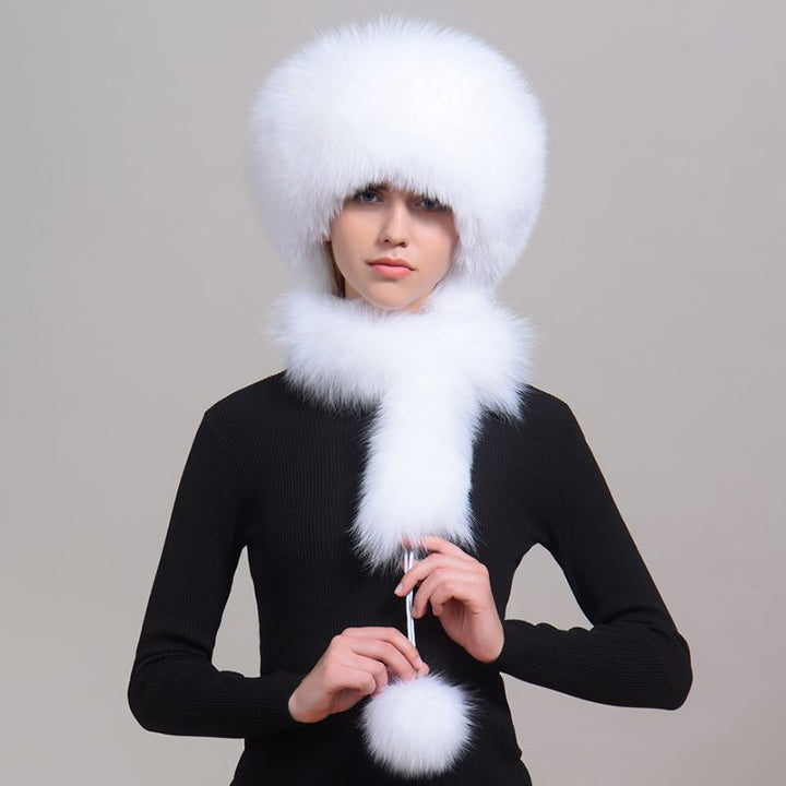Luxury Winter Fox Fur Trapper Hat Women Pom Pom Fur Ushanka with Tail Scarf