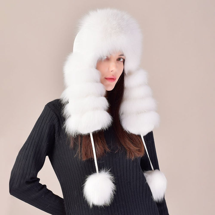 Large Fox Fur Trapper Hat Women's Winter Cold Weather Warm Pom-Pom Fur Hat