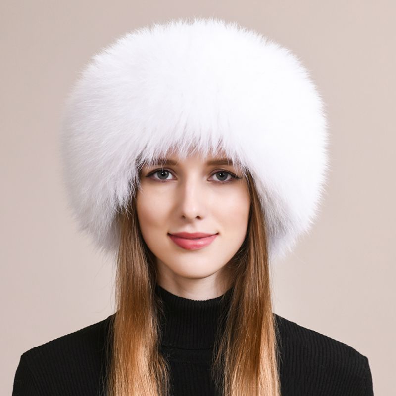 Real Fox Fur Beanie Hat for Women Knit Winter Hat with Full Fur Trim