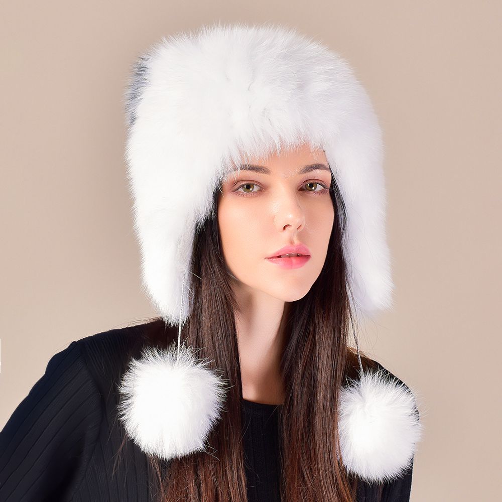 Cute Fox Ear Pom-Pom Fur Trapper Hat Luxury Winter Warm Snow Fur Hat for Cold Weather