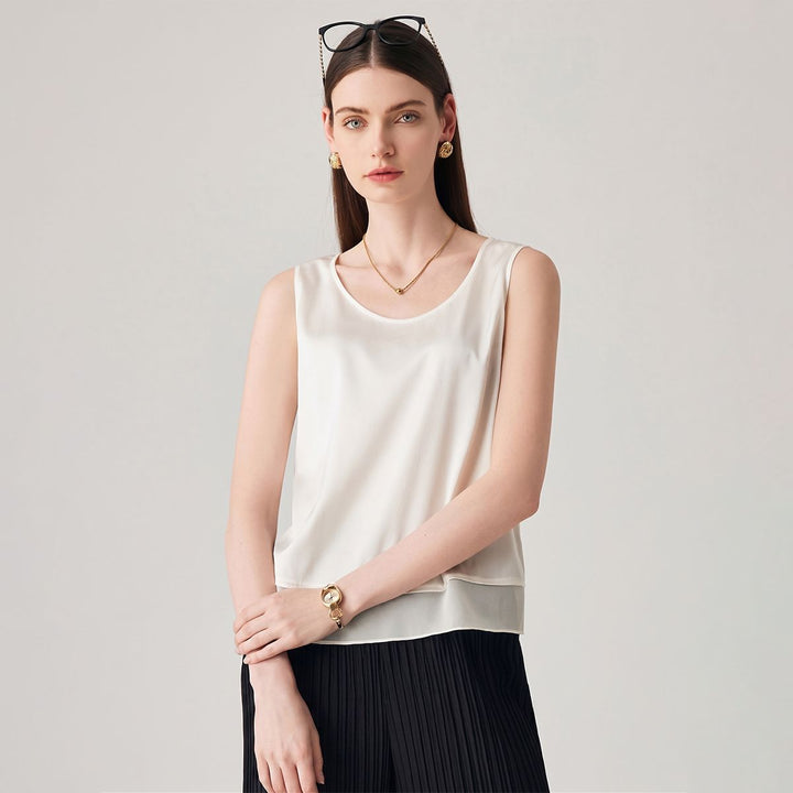 Pure Mulberry Silk Tank Top with Sheer Patchwork Hem Elegant Sleeveless Silk Shell Blouse