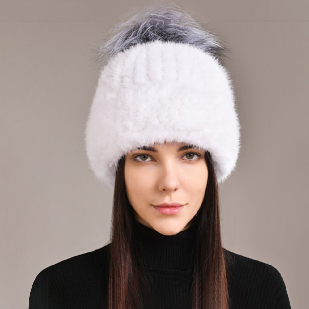 Luxury Real Mink Fur Beanie Hat with Fox Fur Pom-Pom Elegant Winter Knitted Hat for Women