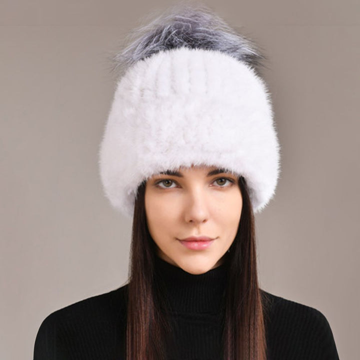 Luxury Real Mink Fur Beanie Hat with Fox Fur Pom-Pom Elegant Winter Knitted Hat for Women