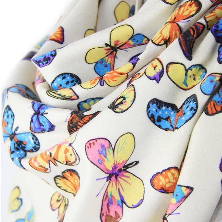 Women's 100% Cashmere Shawl Scarf with Colorful Butterfly Print and Fringes