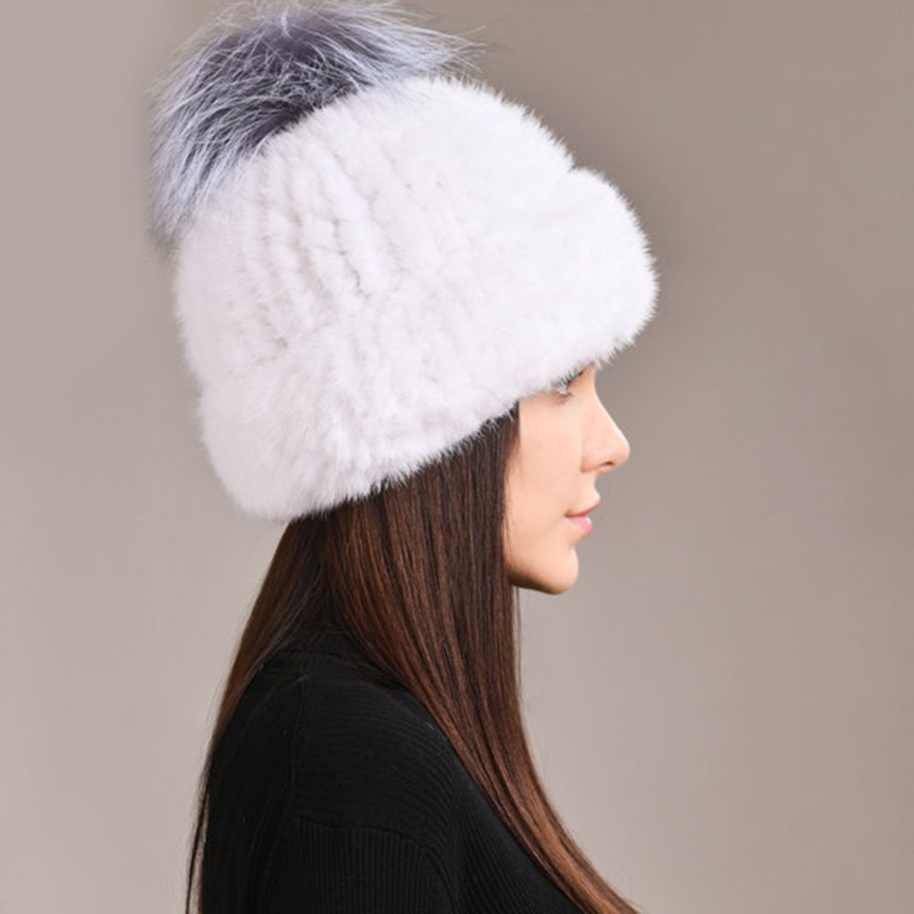 Luxury Real Mink Fur Beanie Hat with Fox Fur Pom-Pom Elegant Winter Knitted Hat for Women