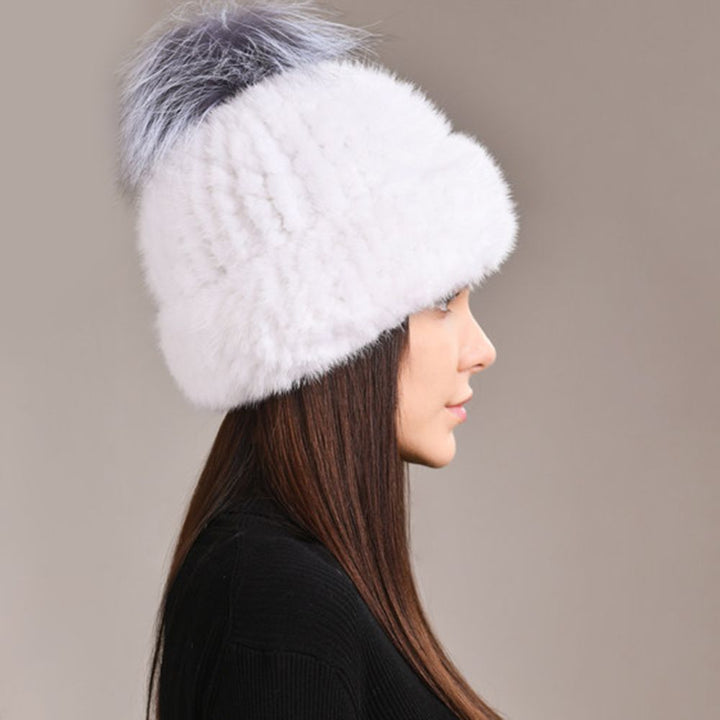 Luxury Real Mink Fur Beanie Hat with Fox Fur Pom-Pom Elegant Winter Knitted Hat for Women