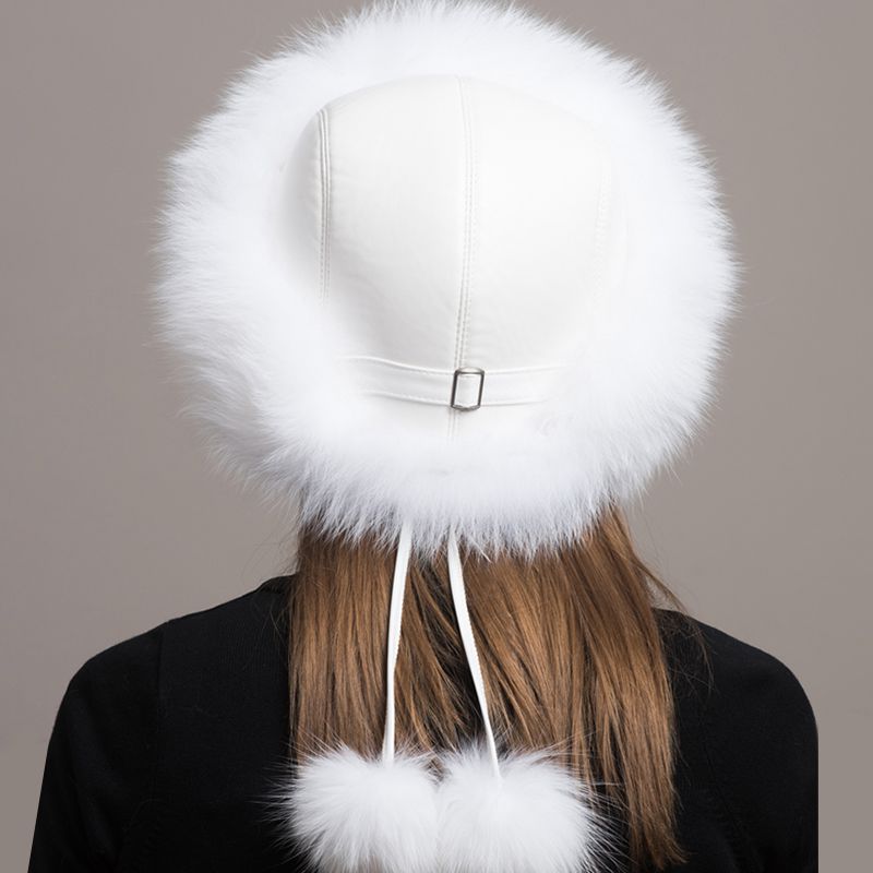 Women's Winter Fox Fur Roller Hat Sheepskin Pom Pom Fur Round Hat