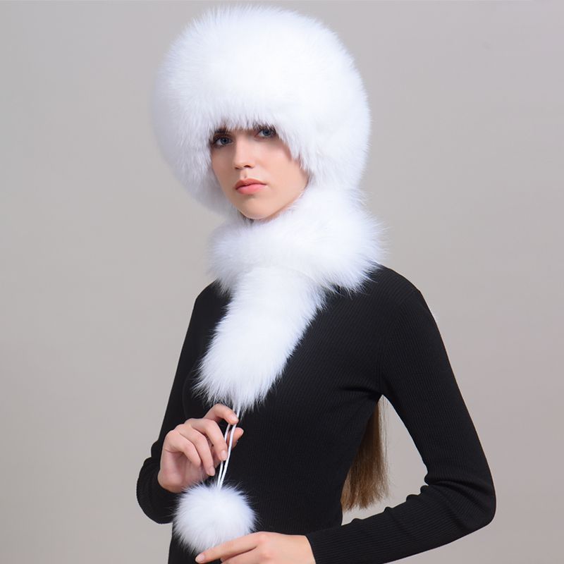 Luxury Winter Fox Fur Trapper Hat Women Pom Pom Fur Ushanka with Tail Scarf