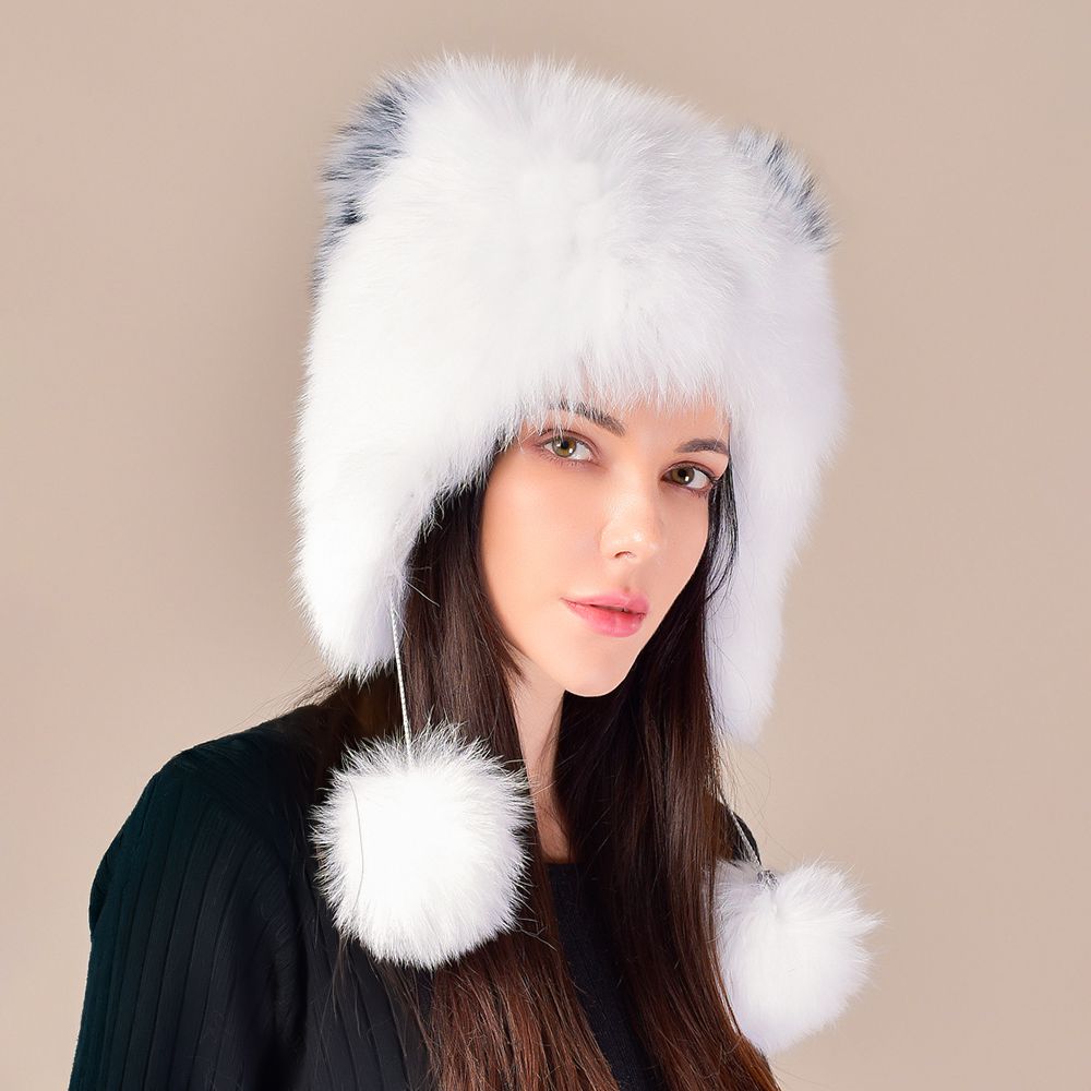 Cute Fox Ear Pom-Pom Fur Trapper Hat Luxury Winter Warm Snow Fur Hat for Cold Weather