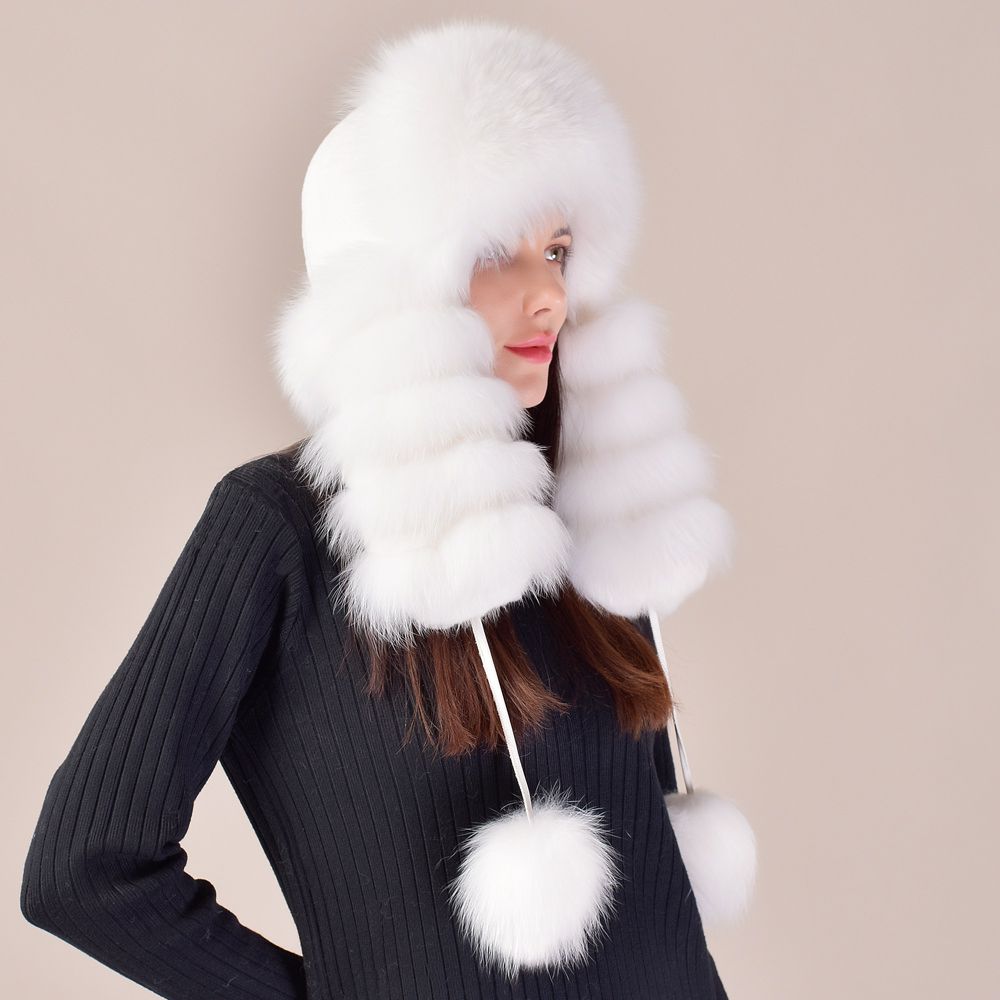 Large Fox Fur Trapper Hat Women's Winter Cold Weather Warm Pom-Pom Fur Hat