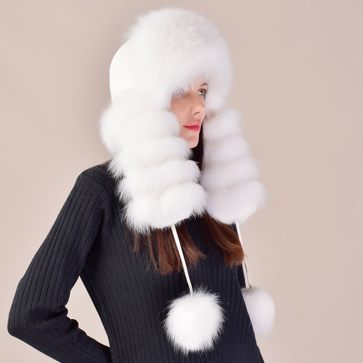 Large Fox Fur Trapper Hat Women's Winter Cold Weather Warm Pom-Pom Fur Hat