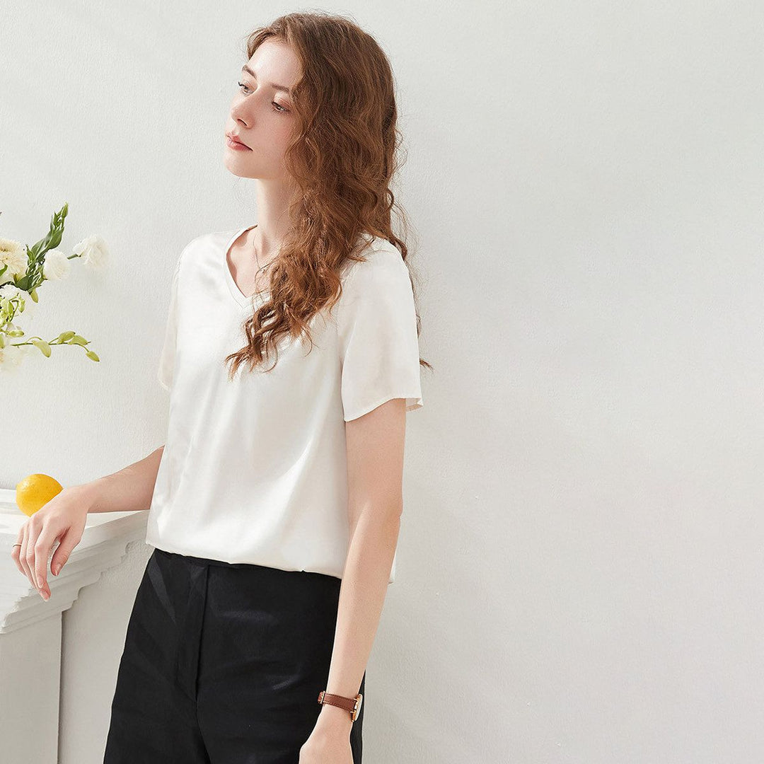 22 Momme Basic V-Neck Pure Mulberry Silk Short Sleeve T-Shirt