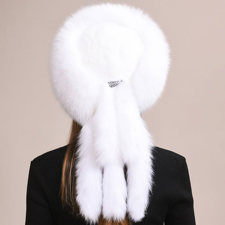 Soft Real Fox Fur Hat with Elegant Tails Women's Winter Fashion Cozy Full-Pelt Fur Beanie for Cold Weather