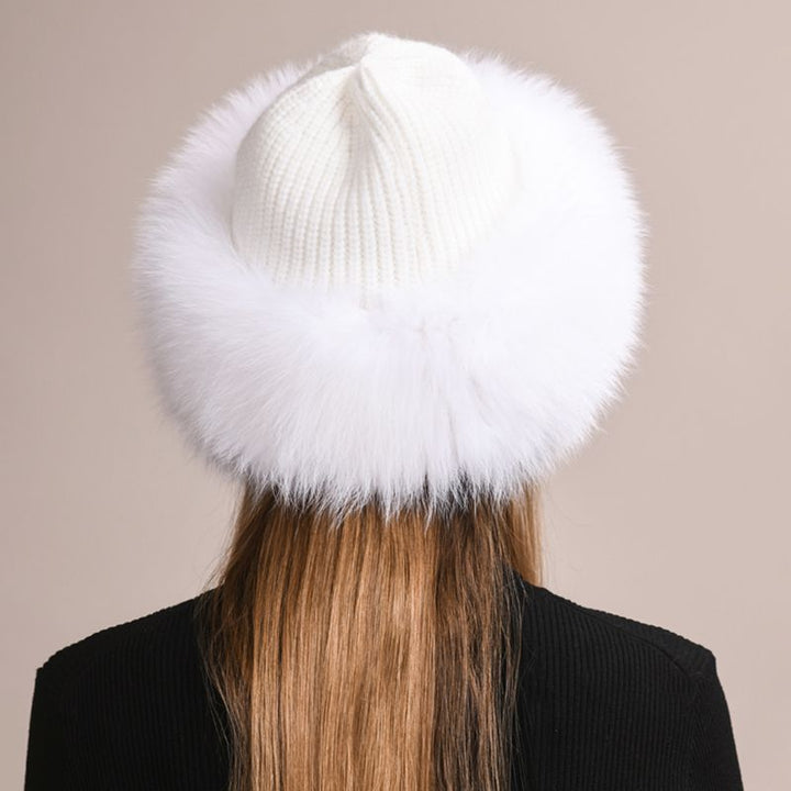 Real Fox Fur Beanie Hat for Women Knit Winter Hat with Full Fur Trim