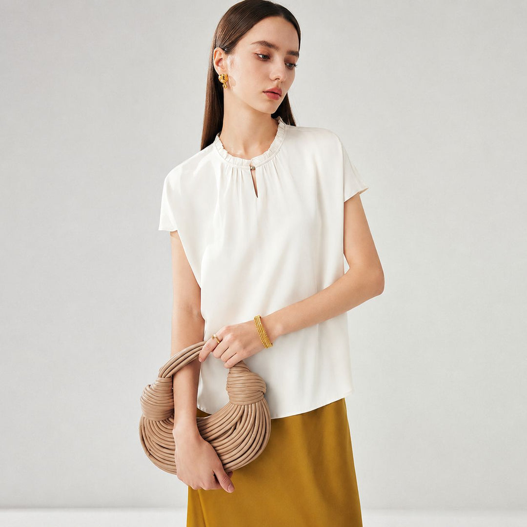 22 Momme Ruffled Stand Collar Women's Short Sleeve Mulberry Silk Shirt