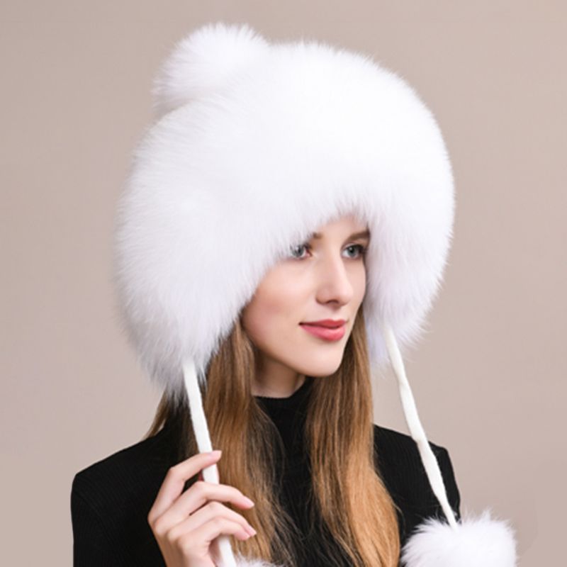 Luxury Real Fox Fur Pom Pom Hat Women Winter Knitted Trapper Hat with Full Fur Trim