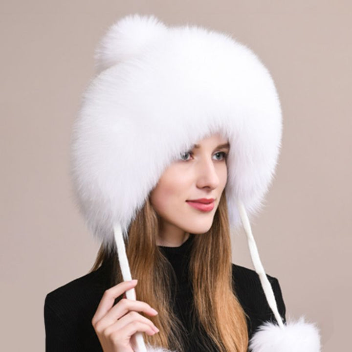 Luxury Real Fox Fur Pom Pom Hat Women Winter Knitted Trapper Hat with Full Fur Trim